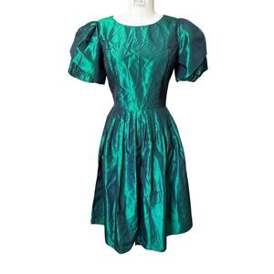 Vintage 80s Lanz Originals Emerald Green Taffeta Party Dress Size 10